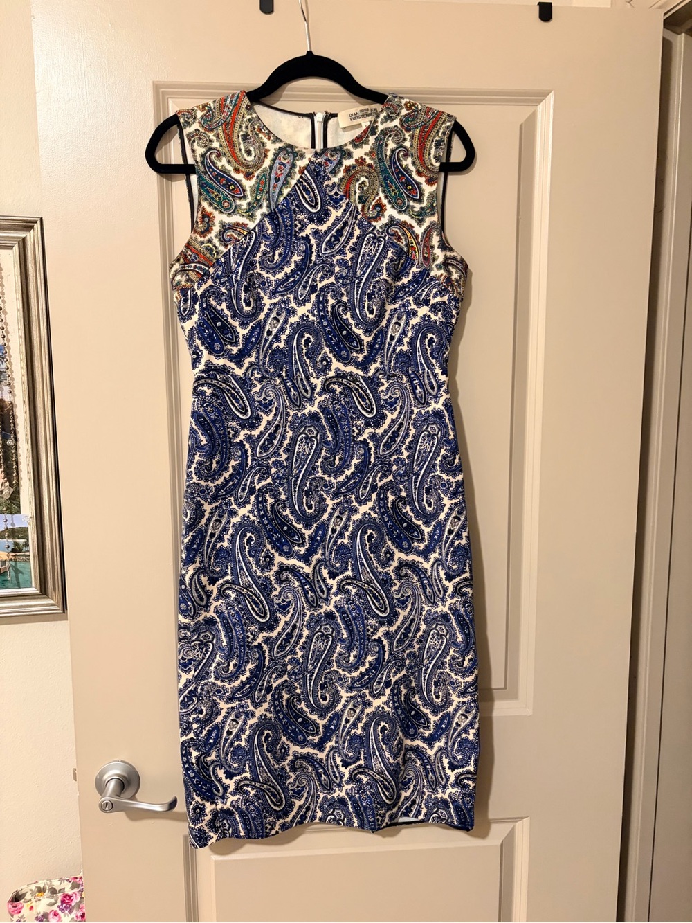 Diane Von Furstenberg Blue and White Paisley Midi Dress with Multicolor Yoke